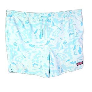 Vineyard Vines Swim Trunks Light Blue Whale Print XL Coastal Quick Dry Sailboats